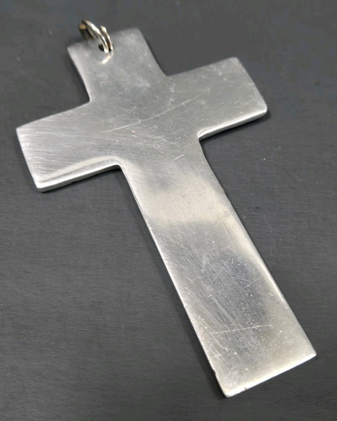 Large Rustic Handmade silvertone Metal Cross Necklace Pendant 3.75 x 2.25″