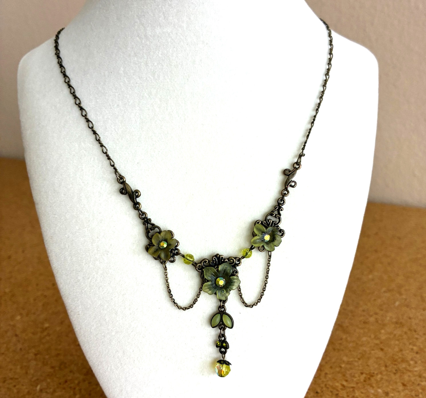 VTG Michal Negrin Green Enamel Floral Rhinestones Necklace Bib Shabby Chic Boho