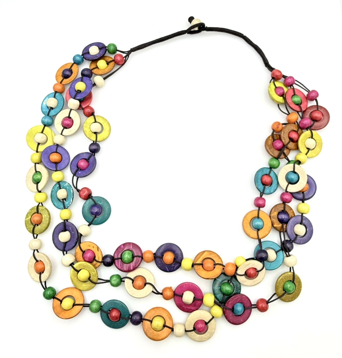 Multicolor Layered BOHO Coconut Disc Wood Bead Necklace 27 in