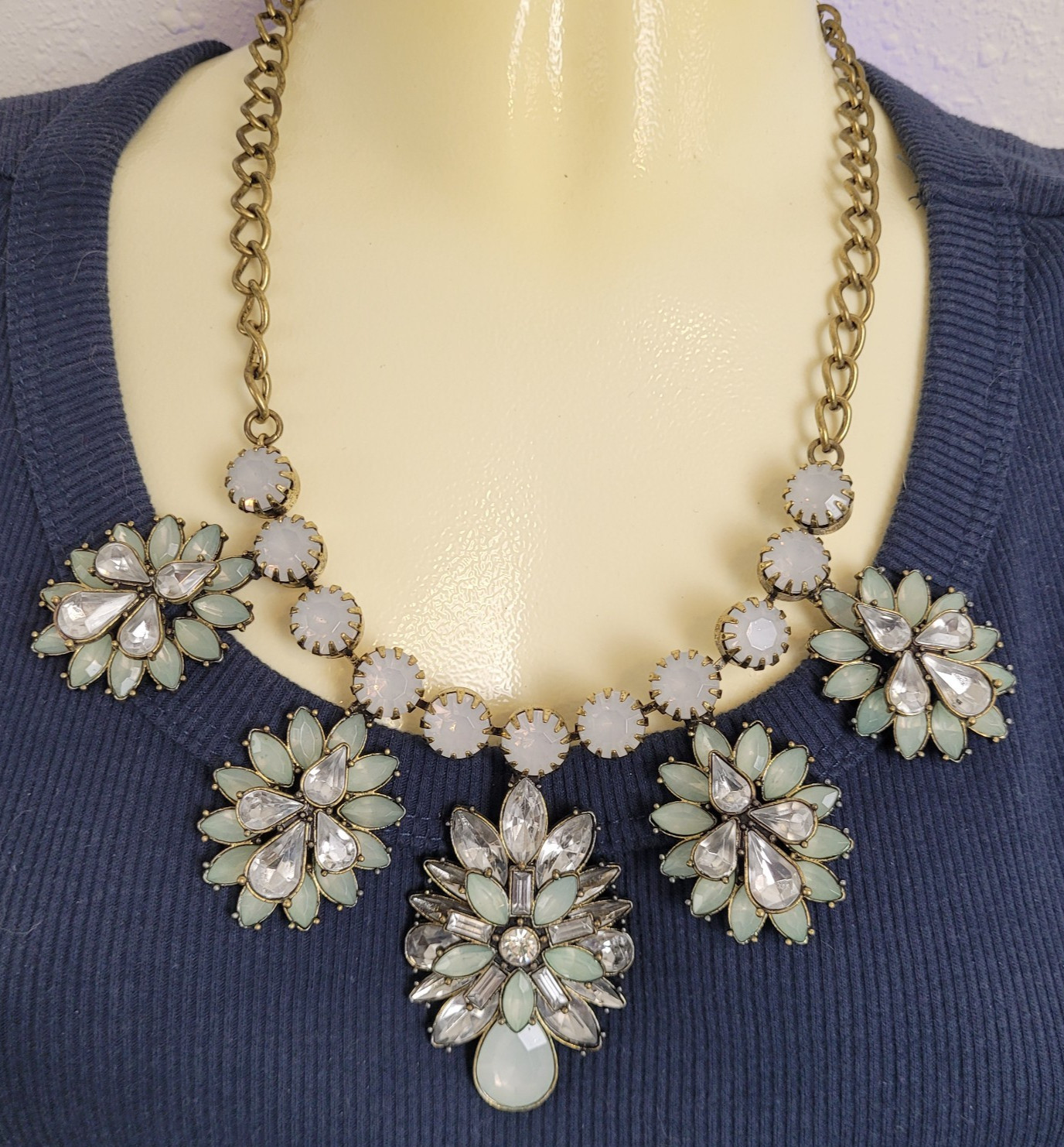 Acrylic Rhinestone Statement Necklace Light Green and Smoky Clear Floral 19″