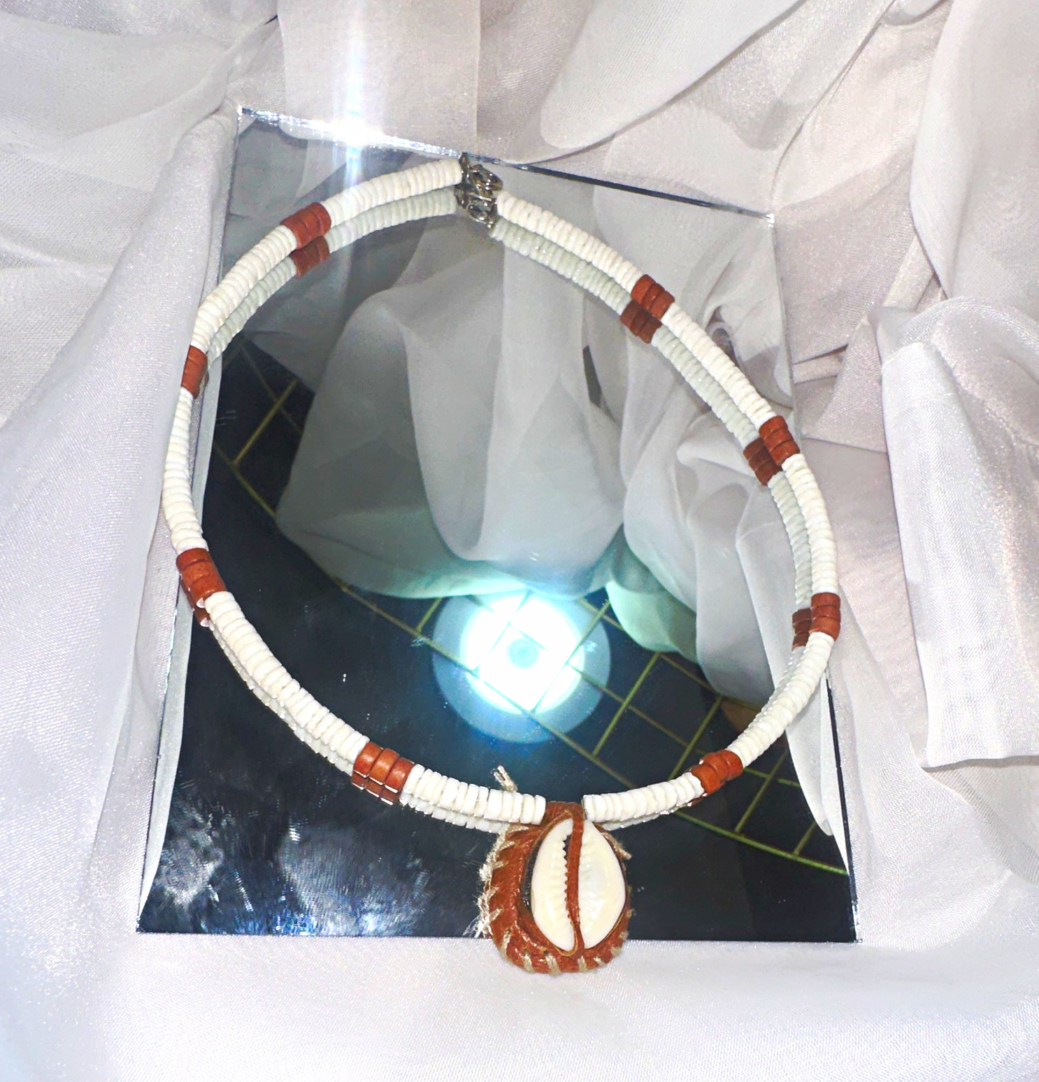 Beaded Choker Necklace w/ Oval Cowrie Shell Pendant Charm, White Brown