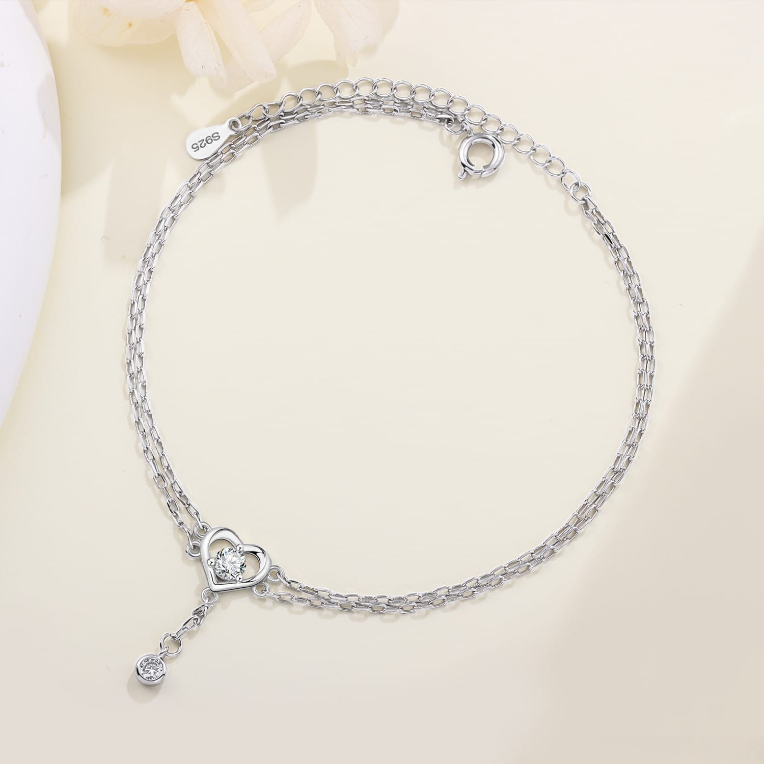 925 Sterling Silver Double Layer Hollow Heart Zircon Anklet Adjustable Jewelry