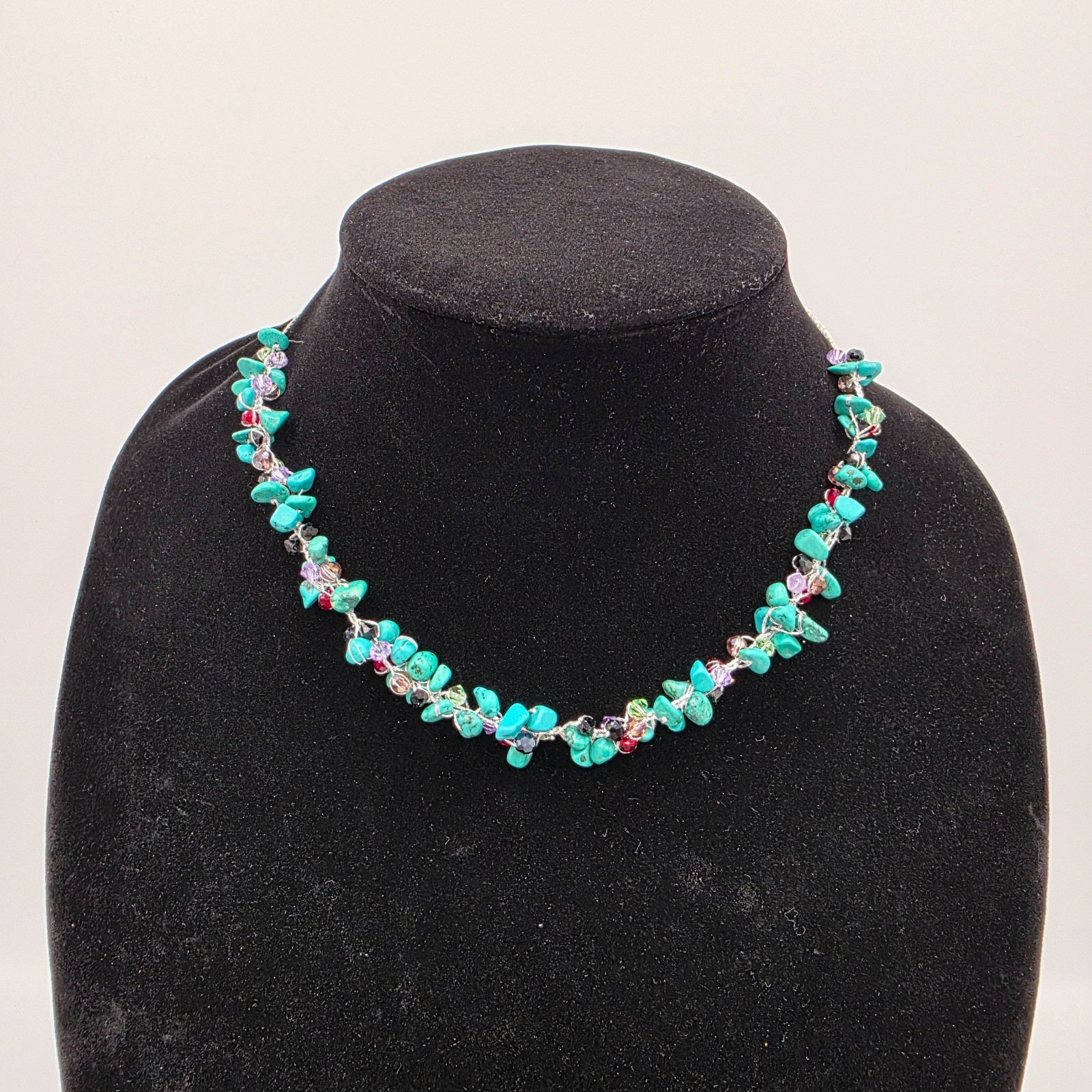 Womens Silver Tone Chain Turquoise Stone Multicolor Beads Summer Tropical 16″