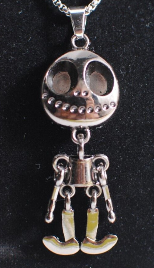 Moveable Arms Legs Body Skeleton Big Head Silver Tone Pendant Necklace 24″