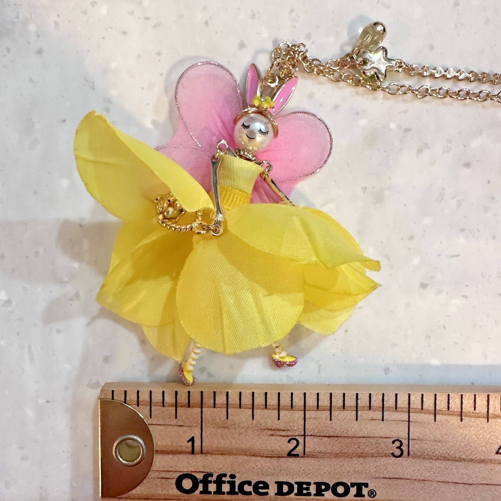 Betsey Johnson Fairy Bunny Necklace Yellow Pink Wings Gold Tone Long Pendant
