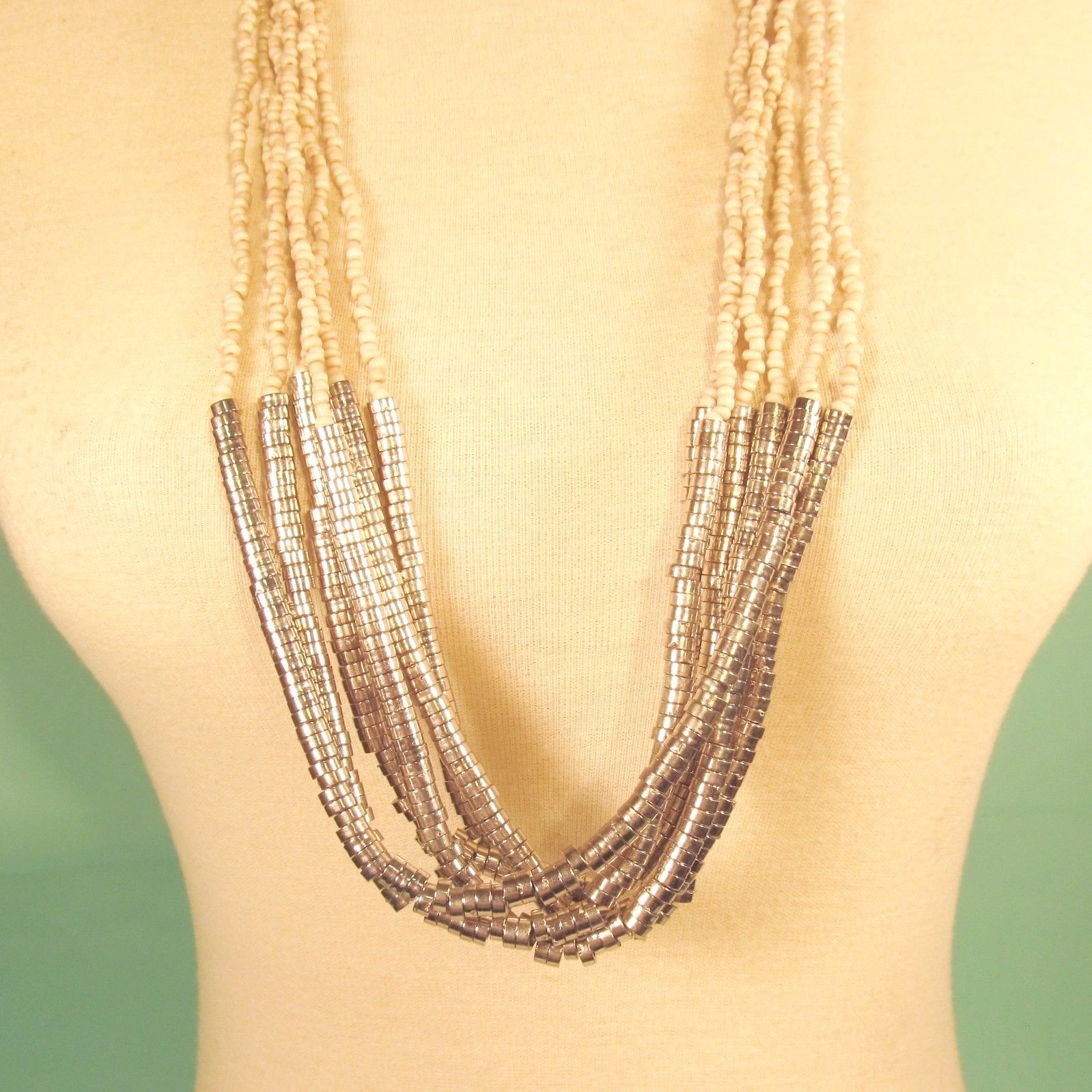 32″ Multi Strand Natural Color Bohemian Handmade Seed Bead Silver Tone Necklace