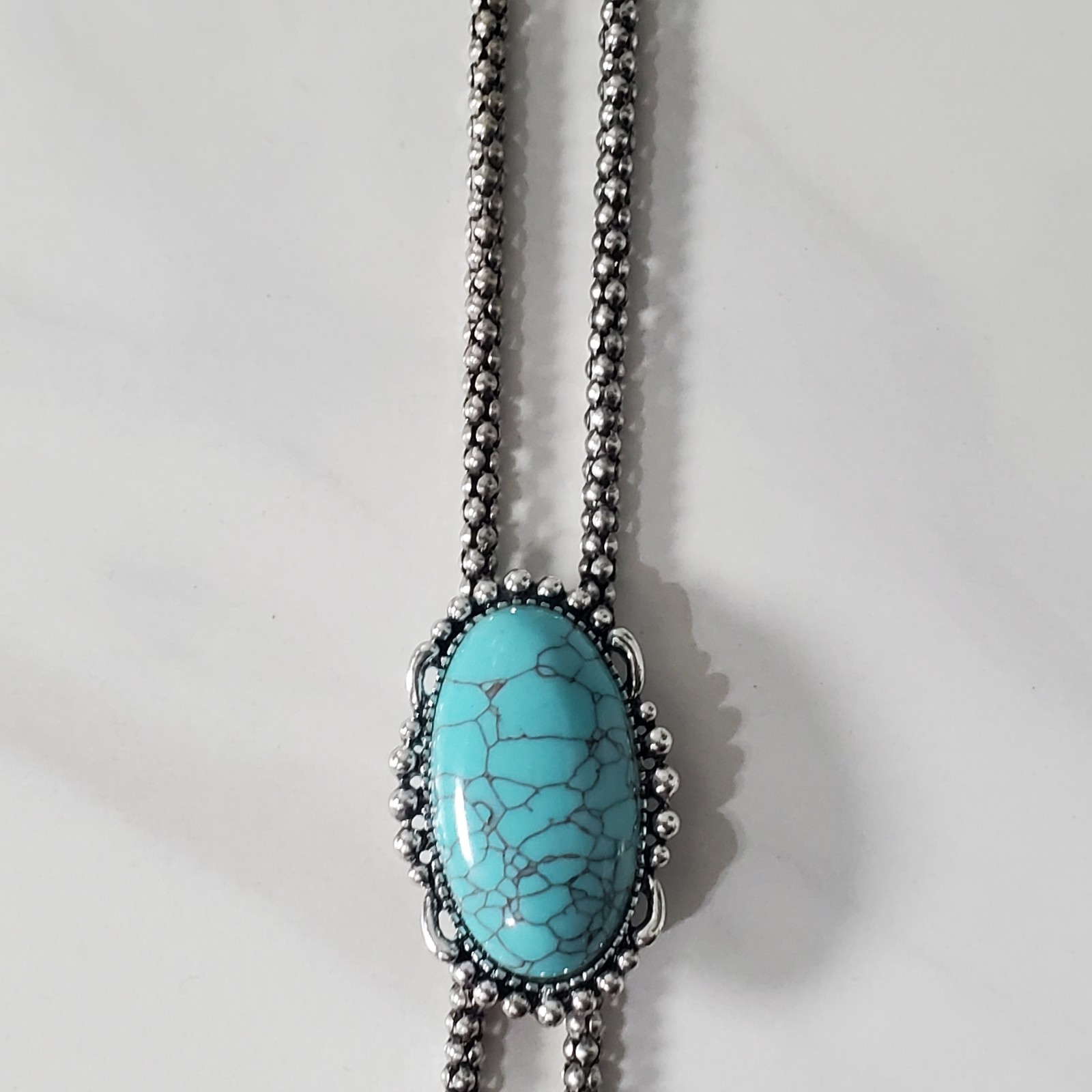 Silver Tone Faux Turquoise Adjustable Slider Bolo Necklace