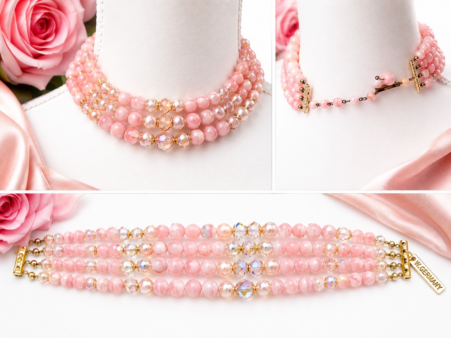 Vintage W. Germany 4 Strand Pink Glass AB Crystal Faux Pearl Choker Necklace