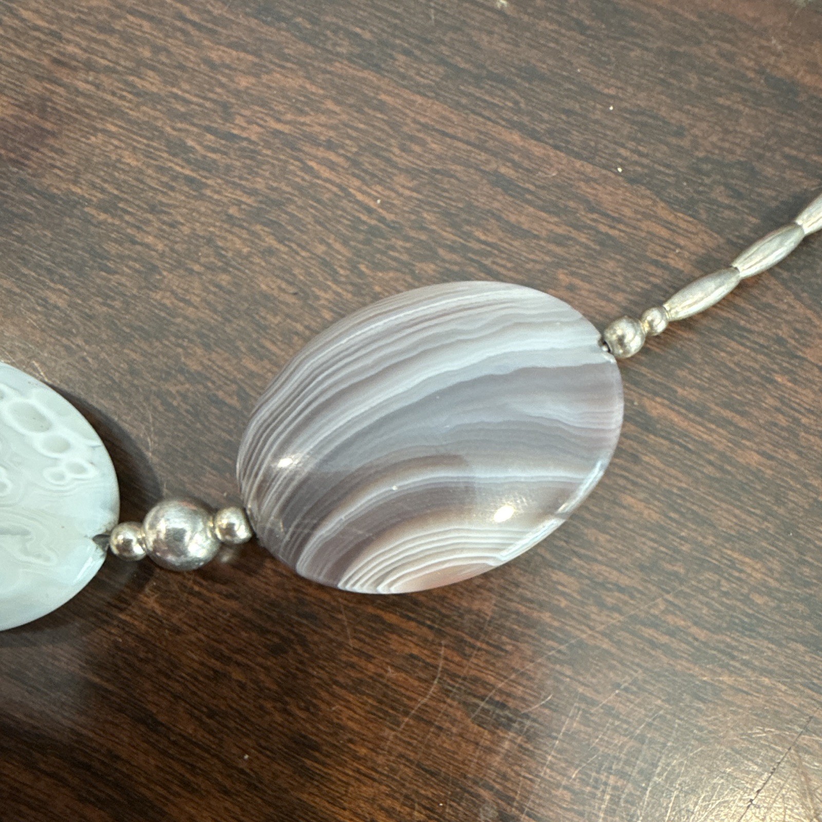 Gray & White Agate Beaded Necklace, Oval Beads, Adjustable, Lobster Clasp