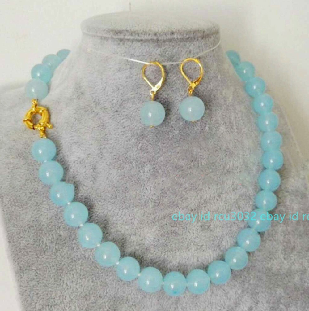 Long 20inch Light Blue Aquamarine 10mm Round Gemstone Beads Necklace Earring Set