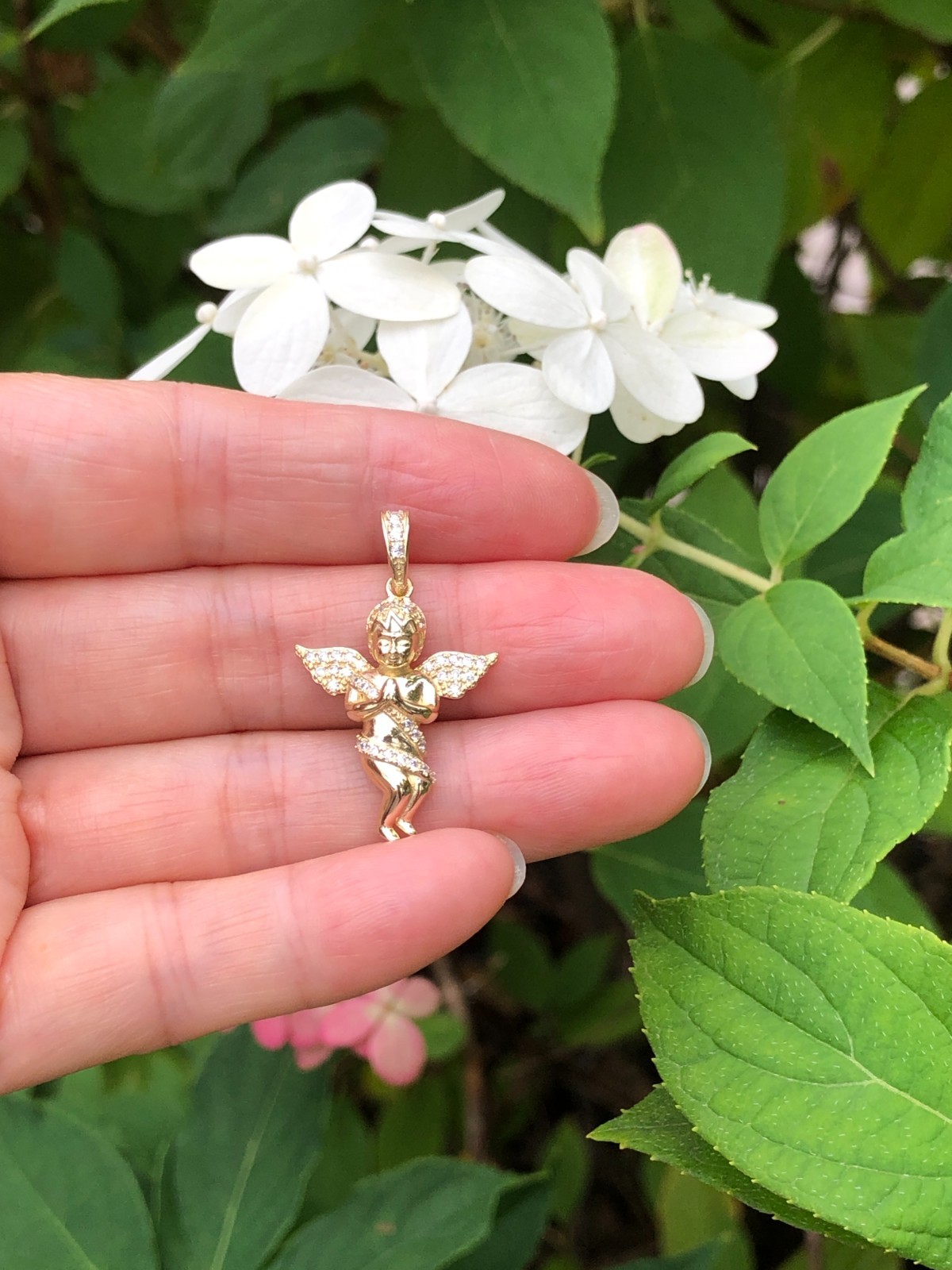 925 Sterling Silver CZ Gold Angel Pendant Small 22mm0.87″/31mm1.22″ Unisex