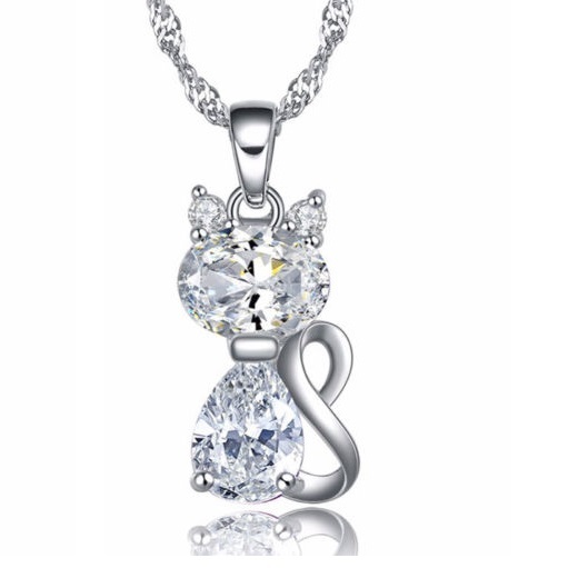 925 Silver CAT PENDANT NECKLACE CZ Blue Pink Purple CRYSTAL 18″ Gift Box P5