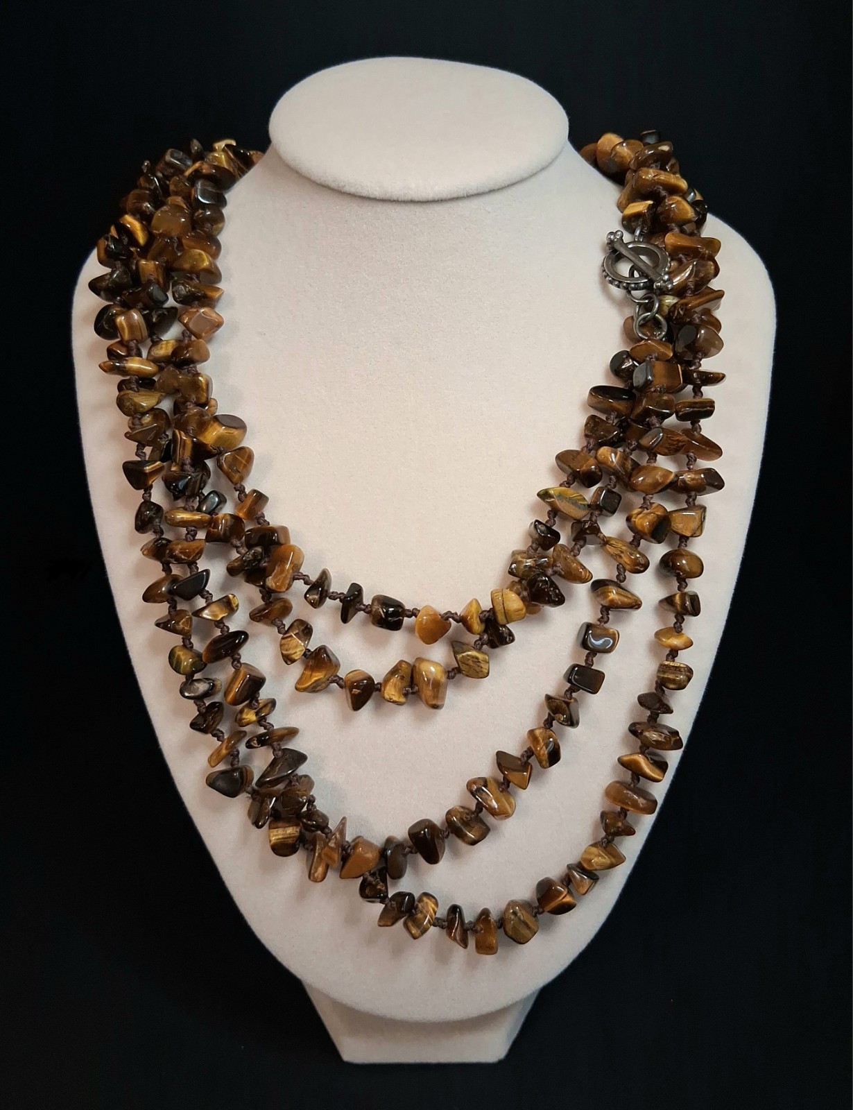 80″ Tigerseye Chip Bead Necklace With Sterling Toggle Clasp See Pics/Description