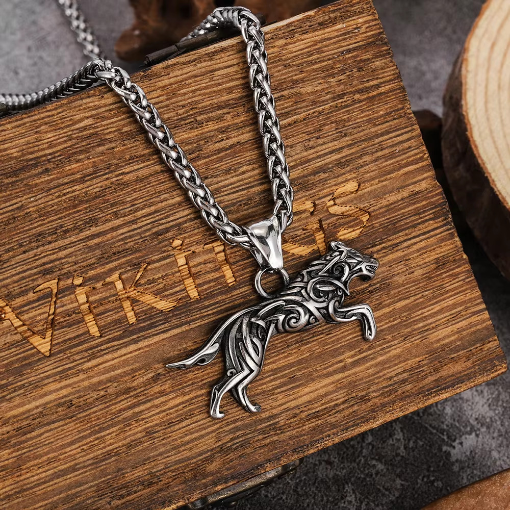 Stainless Steel Viking Wolf Pendant Necklace Norse Celtic Men’s Chain Jewelry