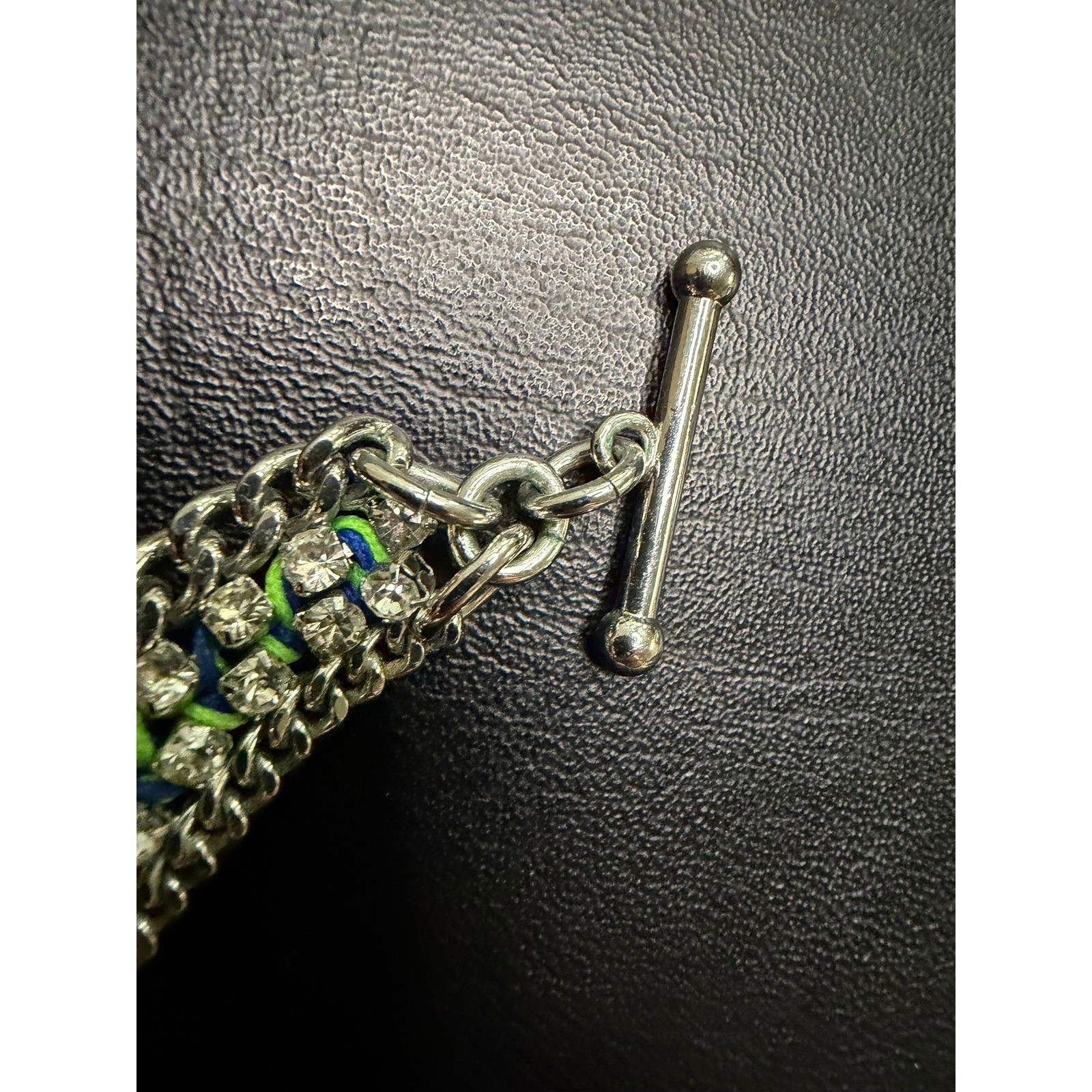 Ann Taylor Silver Tone Crystal Statement Bib Necklace Green Woven Cord Toggle
