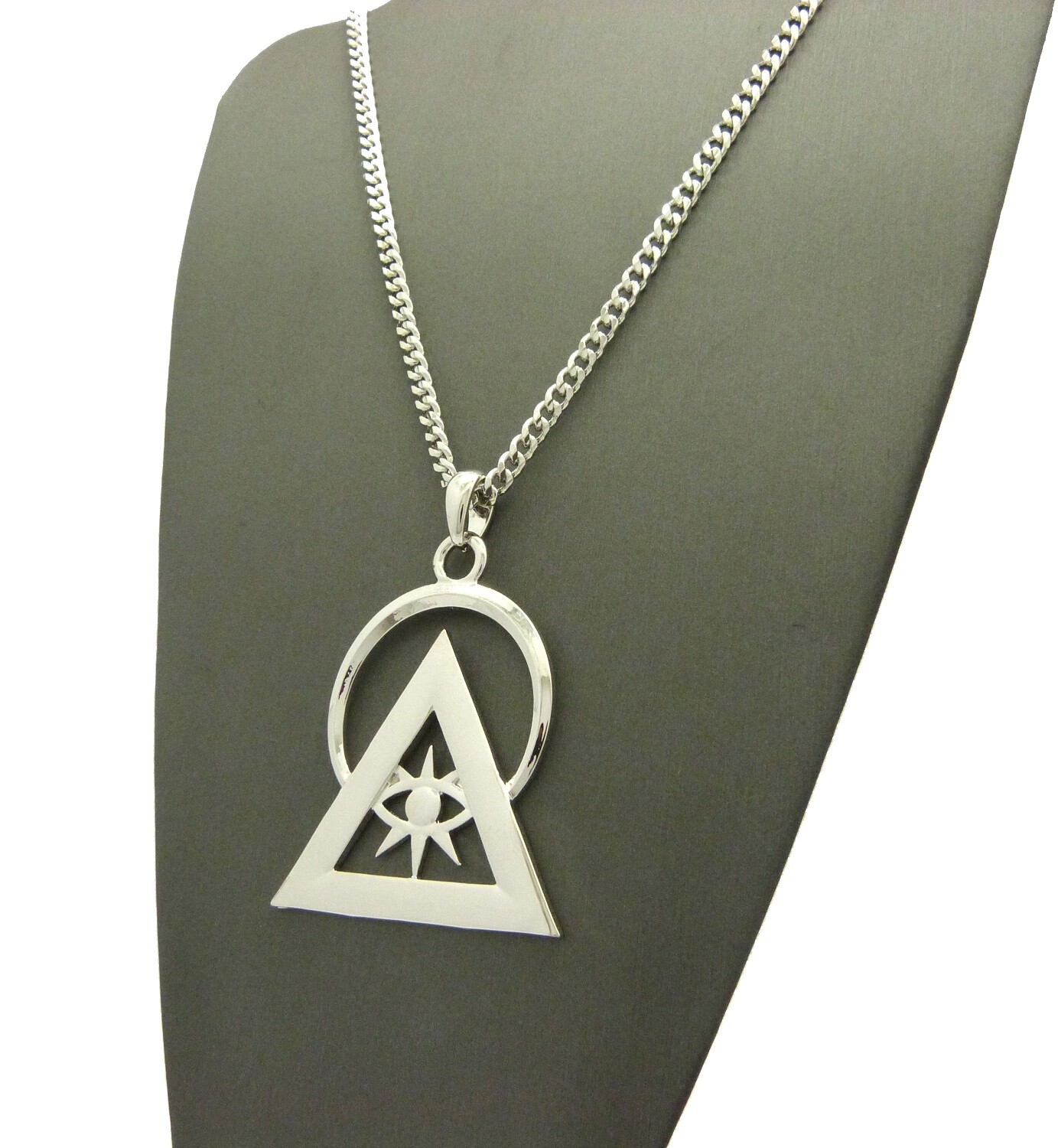Silver Plated illuminati Pyramid Pendant & 24″ Box, Cuban, Rope Chain Necklace