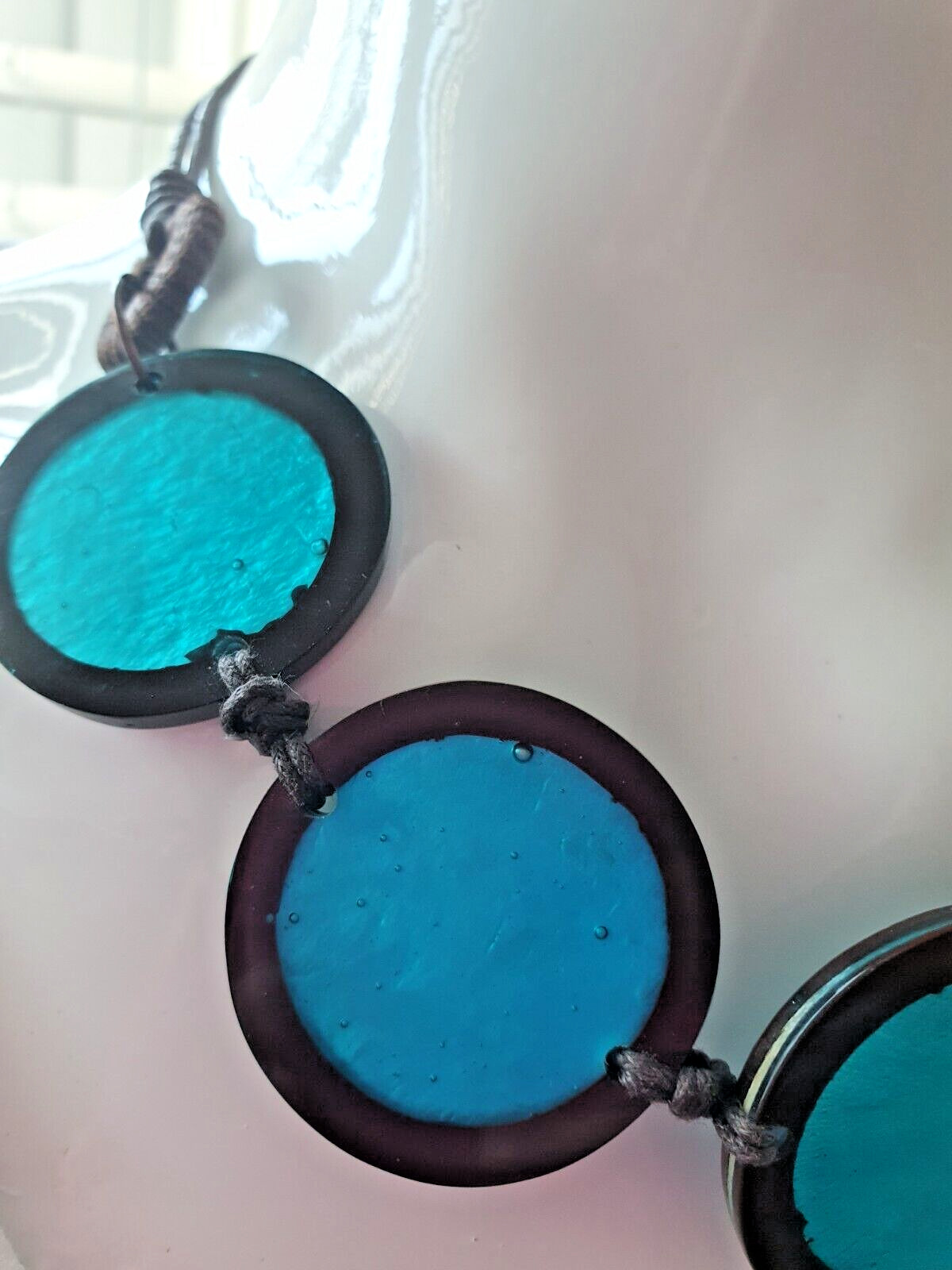 Artisan Studio Blue Dyed Shell Acrylic Disc Round None Metal Statement Necklace