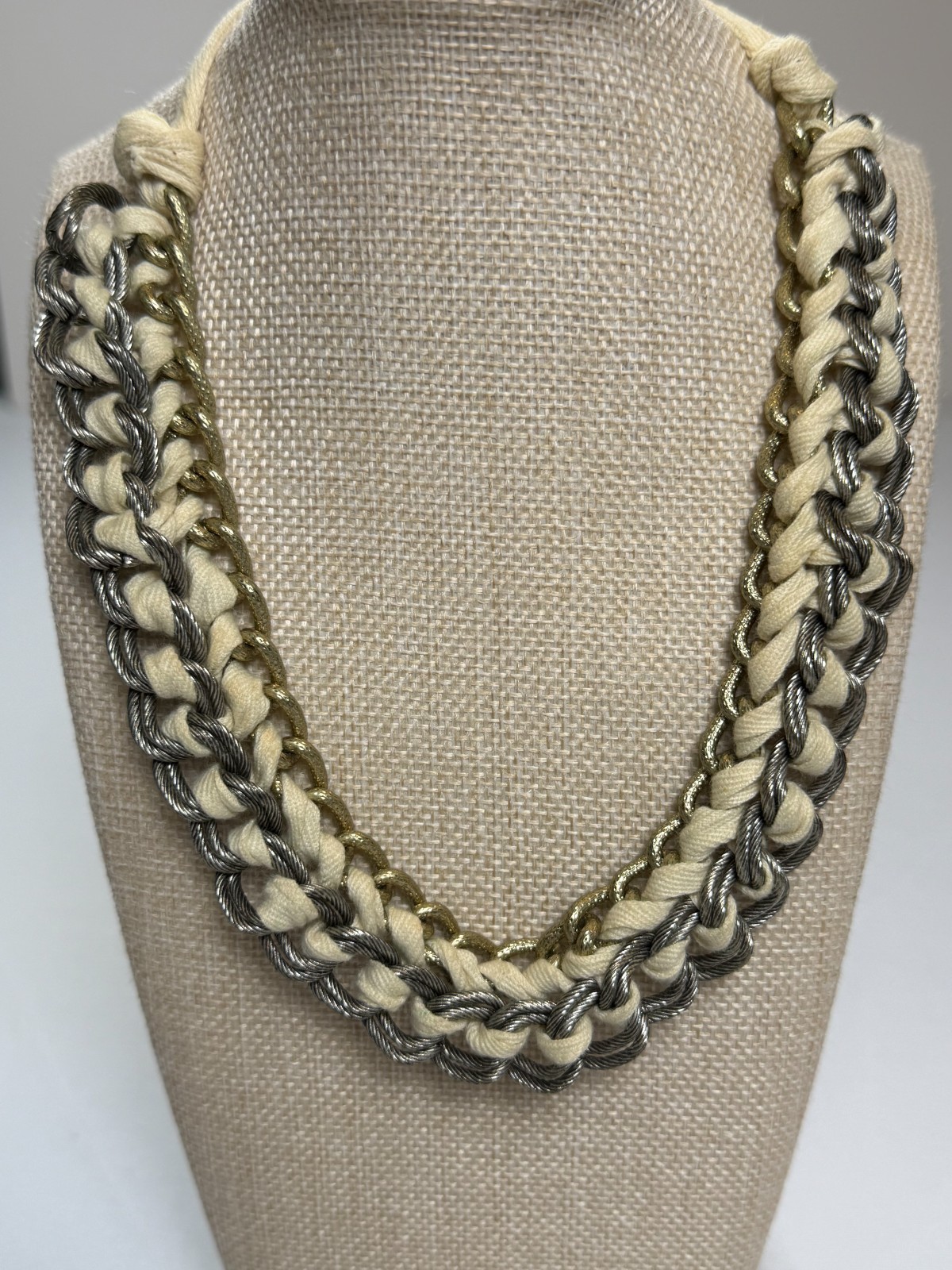 Antrhopologie Braided Statement Necklace Silver Cable Chain Gold Chain Cream