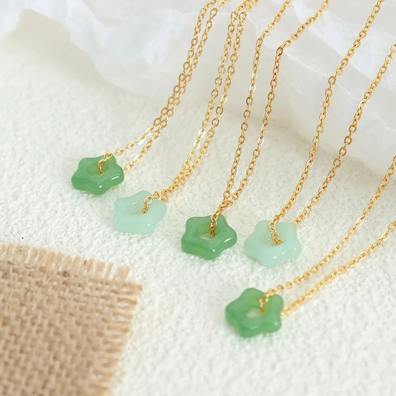 Dark Green Jade Flower Pendant Necklace Amulet Protection Dainty Minimalist