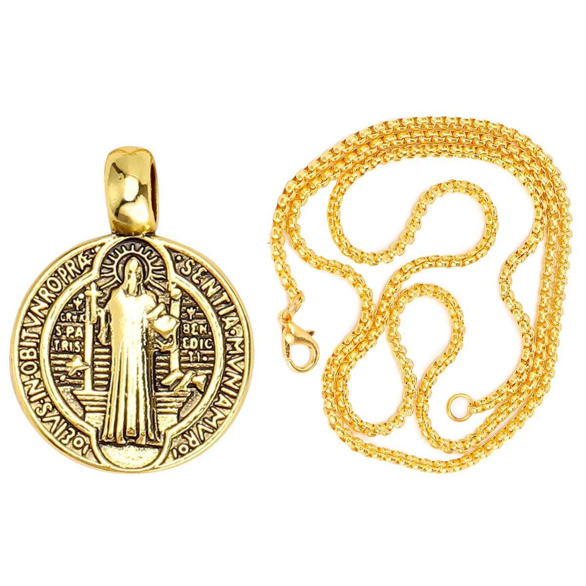 Catholic Saint St Benedict Medal Necklace Pendant Stainless Steel Cross Exorcism