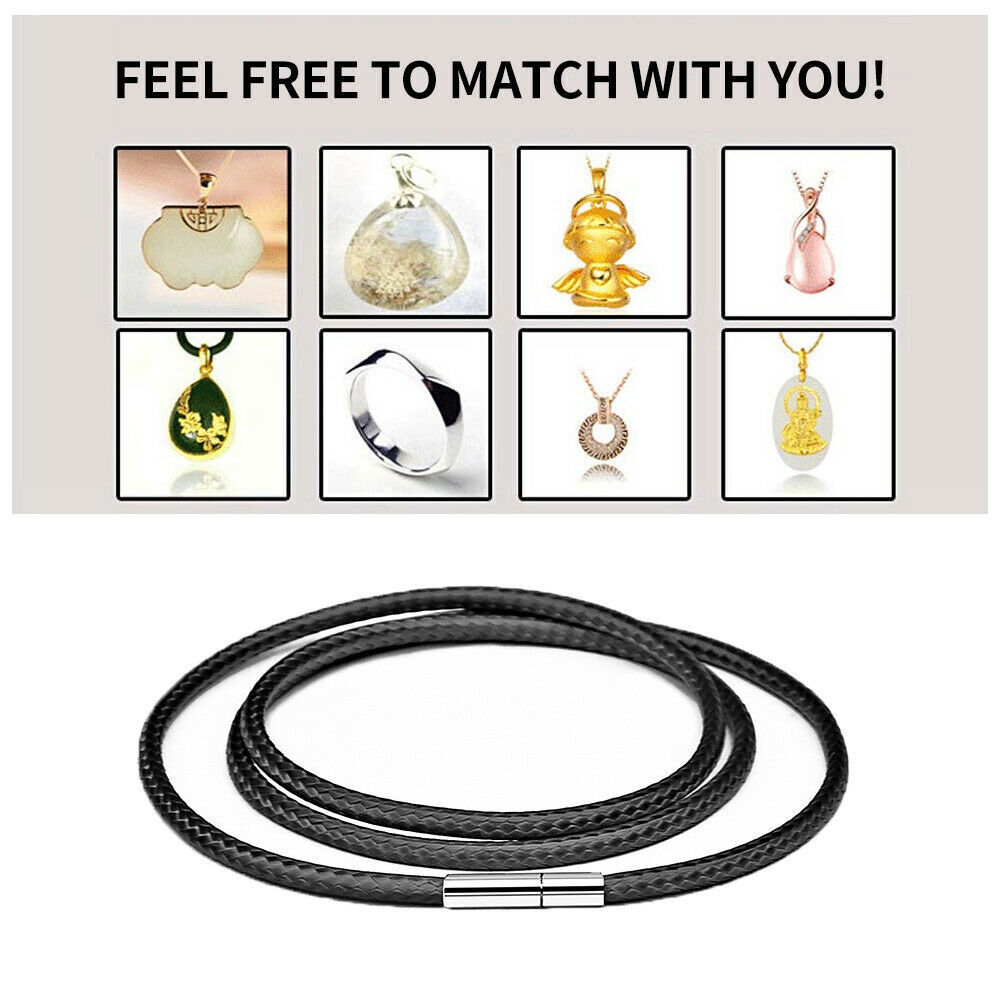 Men Women Black Leather Cord Choker Stainless Necklace Rope (Steel Turn & Click)