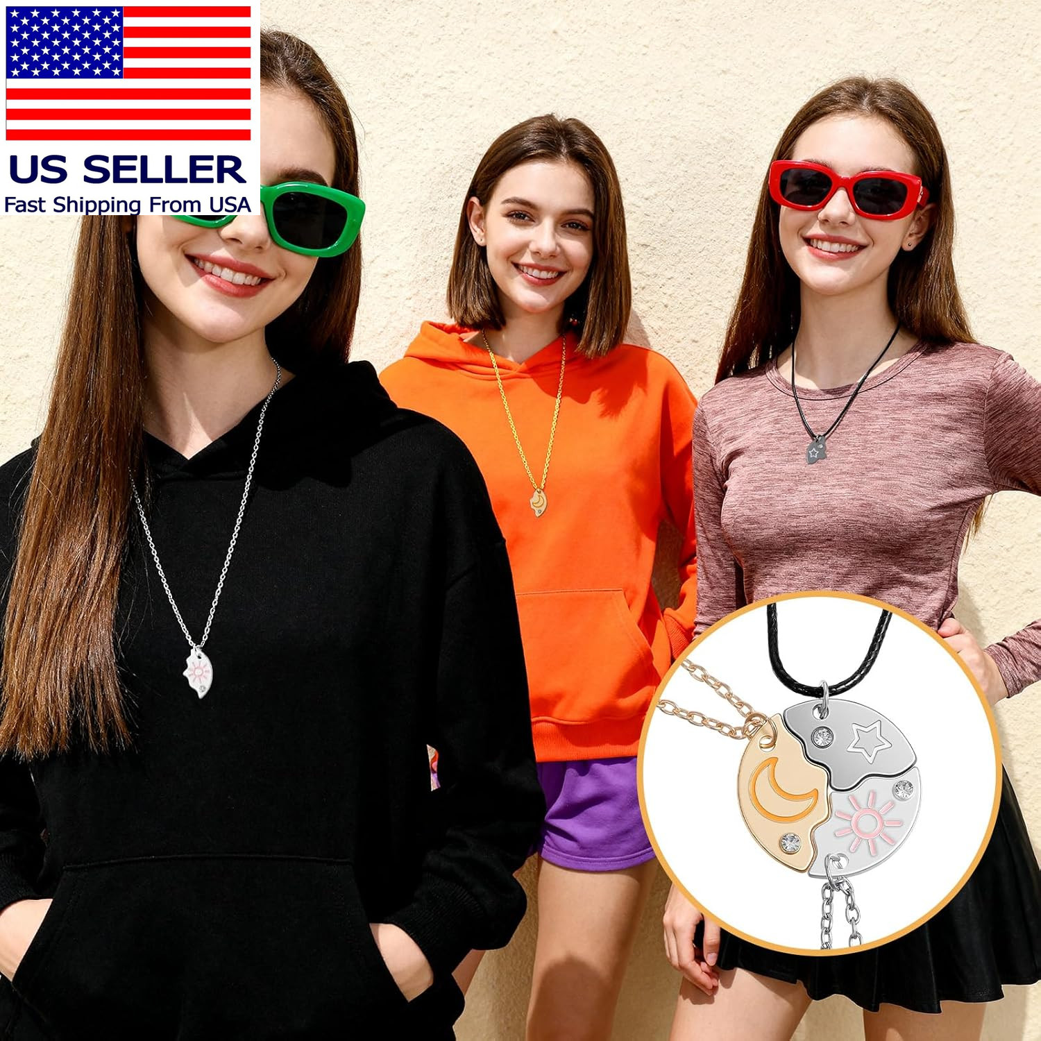 3Pcs Friendship Necklace for 3 Sun Moon Star Puzzle BFF Necklace round Matching