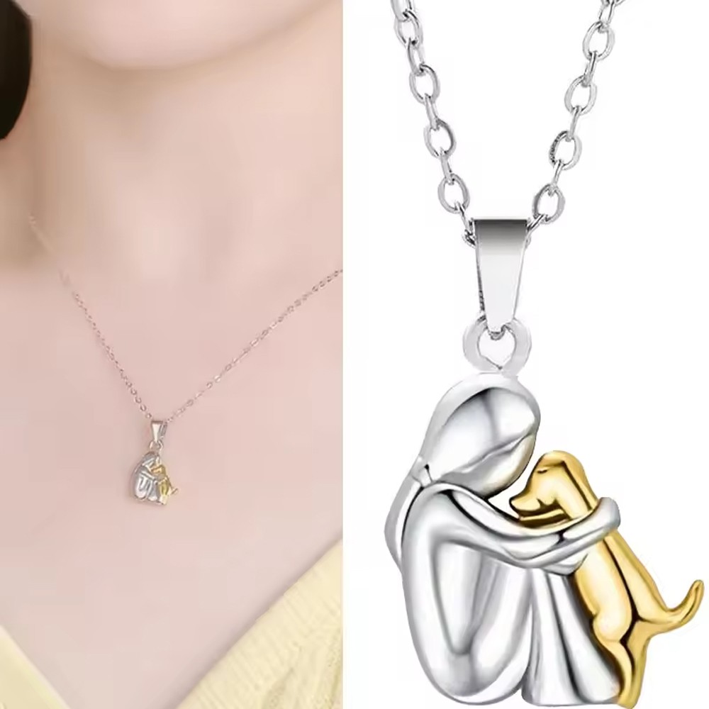 Pet Lover Necklace Pendant Woman Hugging Dog Gift Zinc Alloy Chain Jewelry
