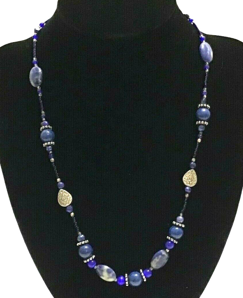 Necklace 21″ Art Glass Beads and Silver-Tone Handmade Shades of Blue Vintage