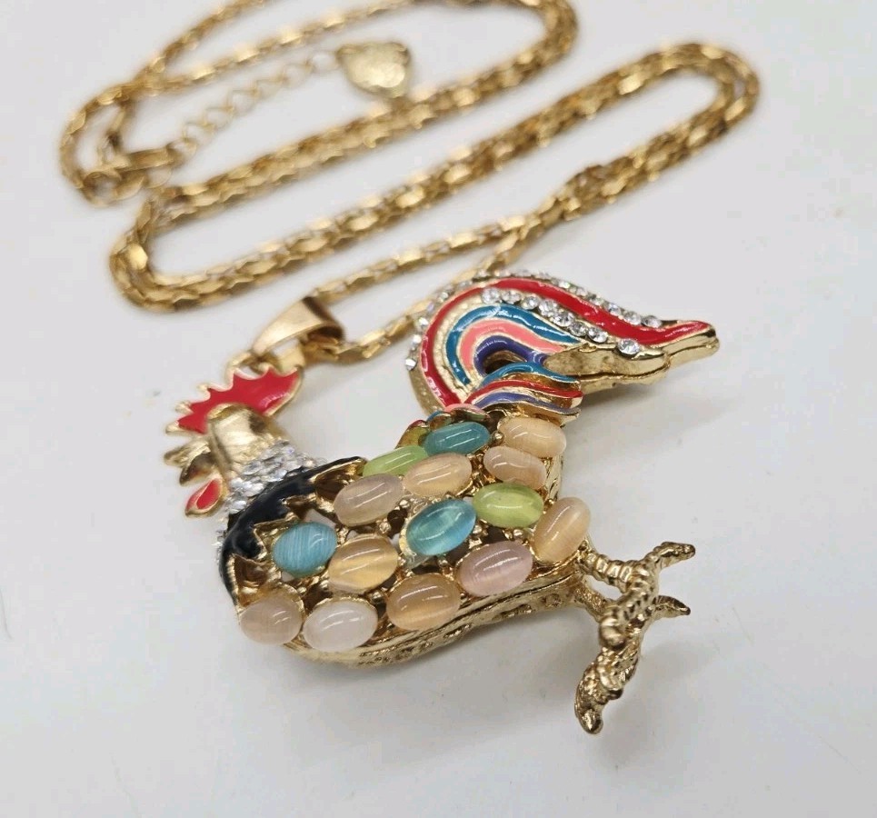 Rooster Necklace Farm Collection Multicolored Enamel Gold tone 27 in