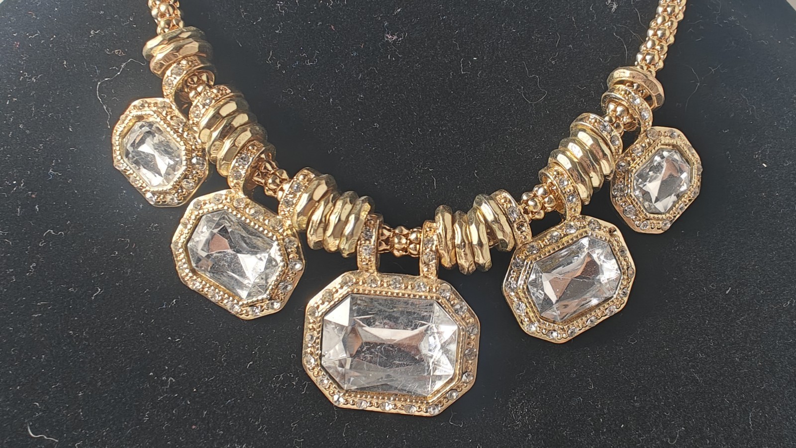 Sofia by Sofia Vergara Statement Necklace Gold Tone Rhinestones Clear Gems 22″