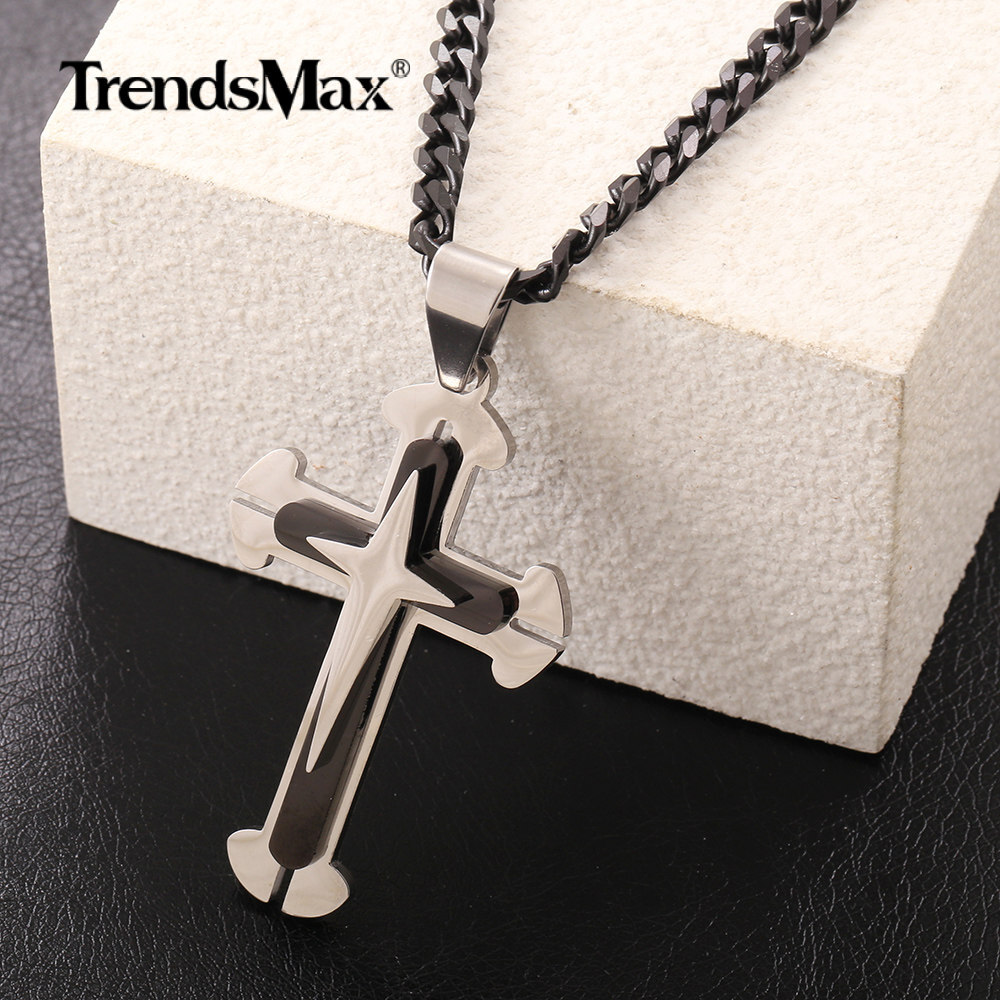 Mens Stainless Steel Cross Pendant Necklace 5MM 18″-30″ Silver/Black Cuban Chain