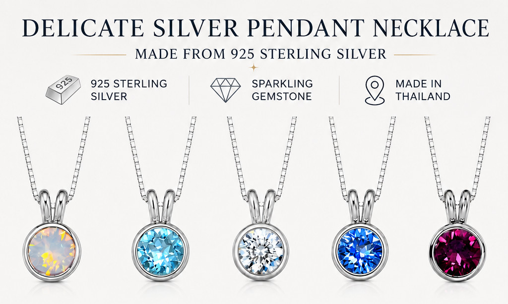 925 Sterling Silver Crystal Pendant Necklace Adjustable 16-18” Thailand