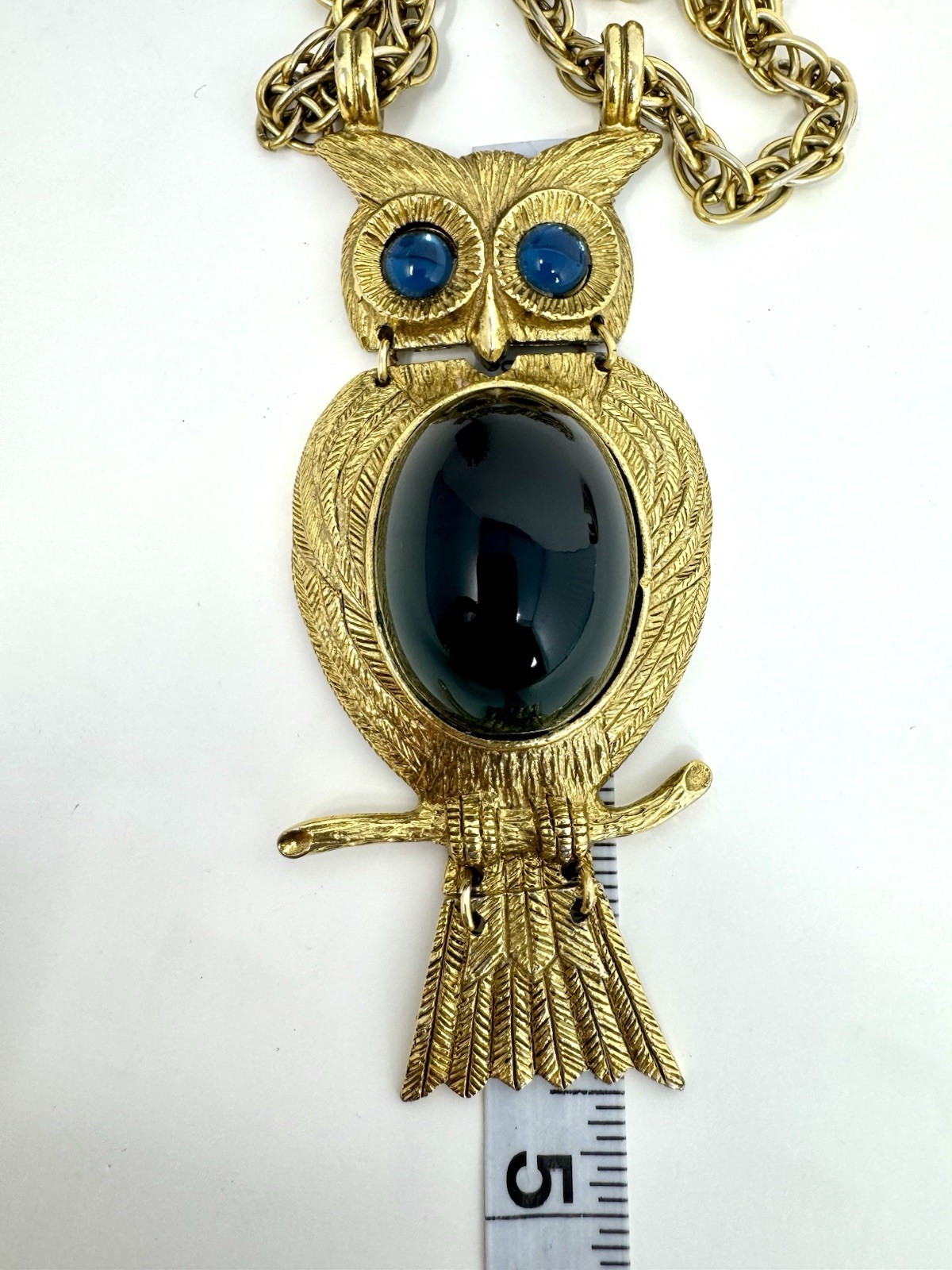 Stunning Vintage 1970s Oversized Owl Green Cabochon Statement Pendant Necklace