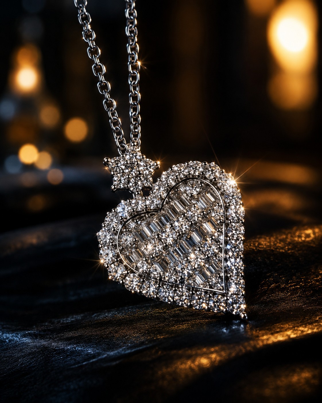 Silver Heart Pendant Necklace Baguette CZ Halo 18″ Chain Gift for Women