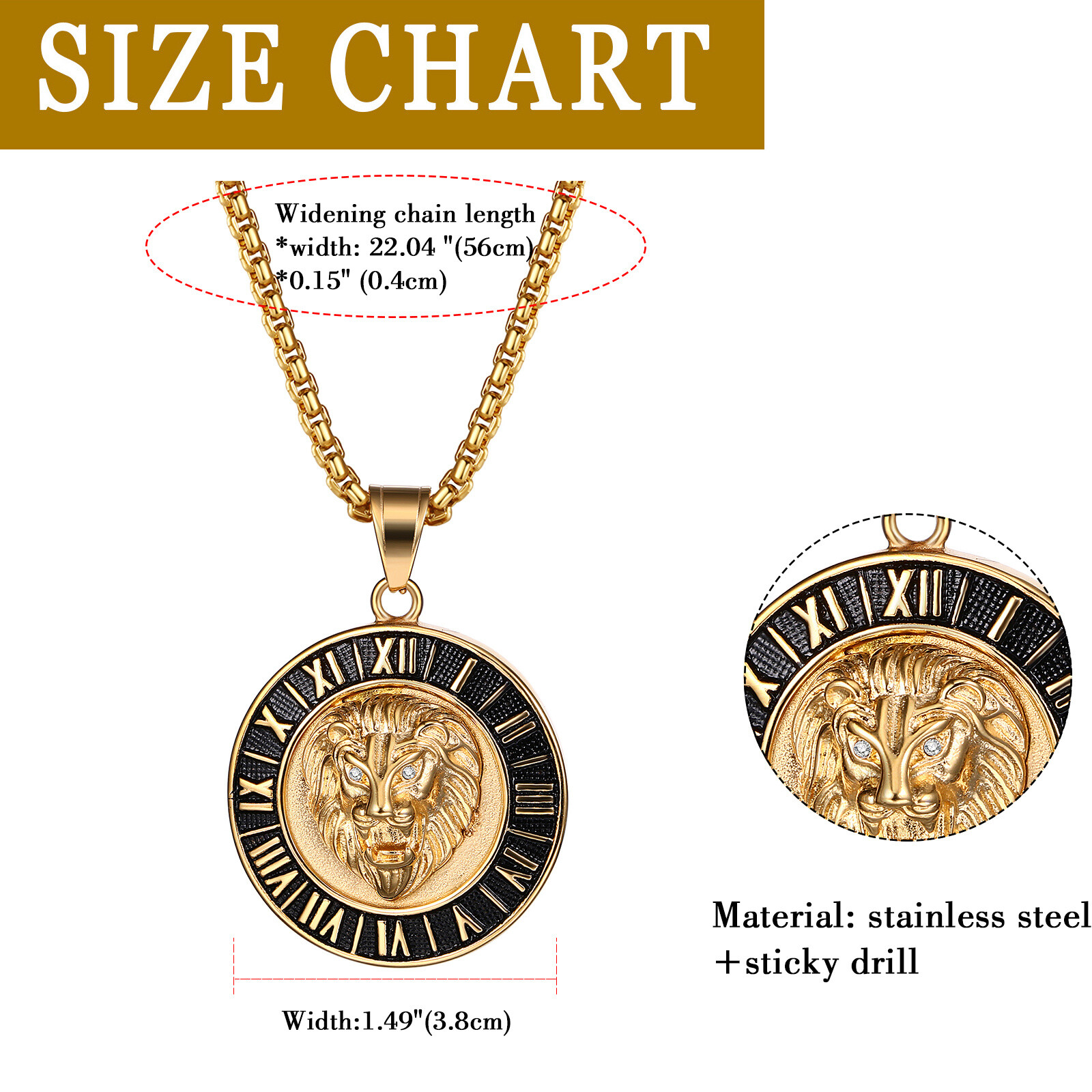 Mens Boys Hip Hop Gold Tone Lion Head Stainless Steel Pendant Necklace Chain 22″