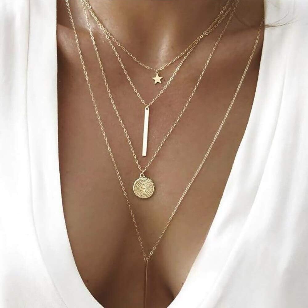 Multi (Four) Layer Long Chain Pendant Choker Necklace Jewelry – Boho Women Gold