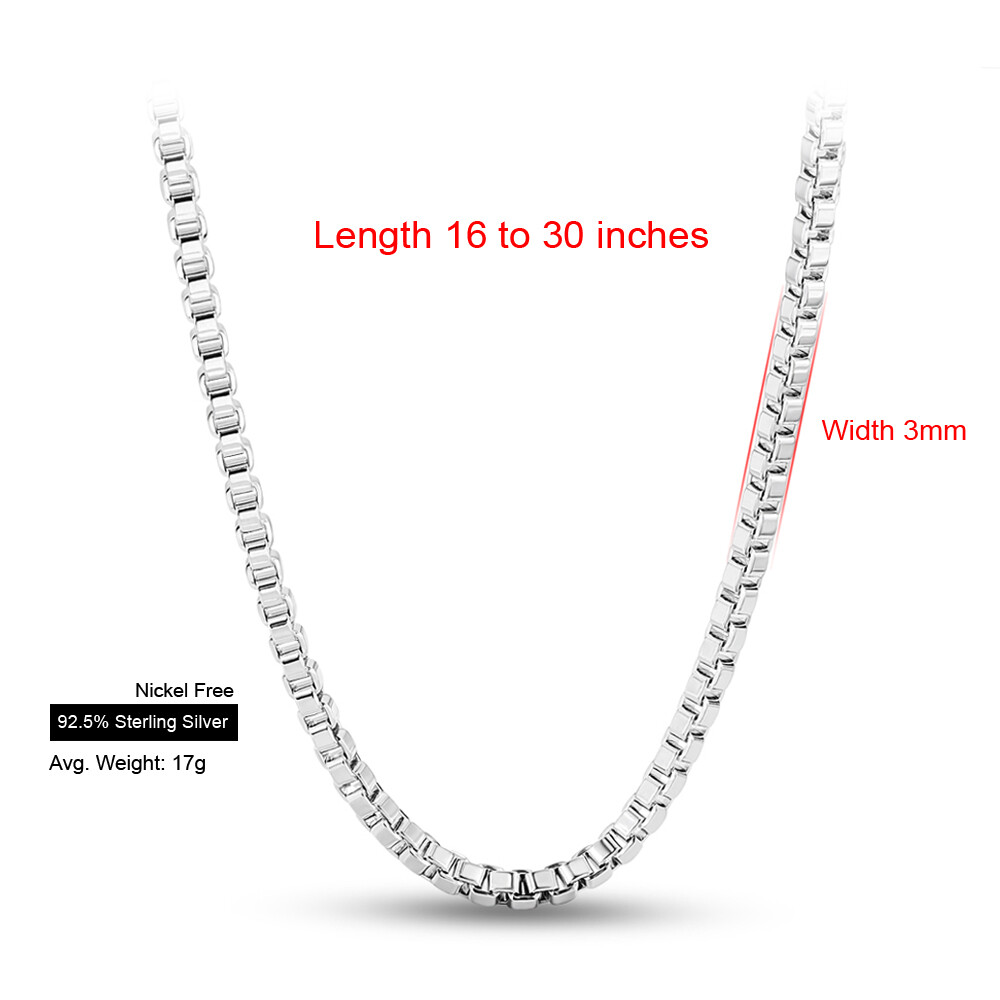 3mm Box Chain Italy 925 Sterling Silver Necklace Curb Chain 16″-30″ Men & Women
