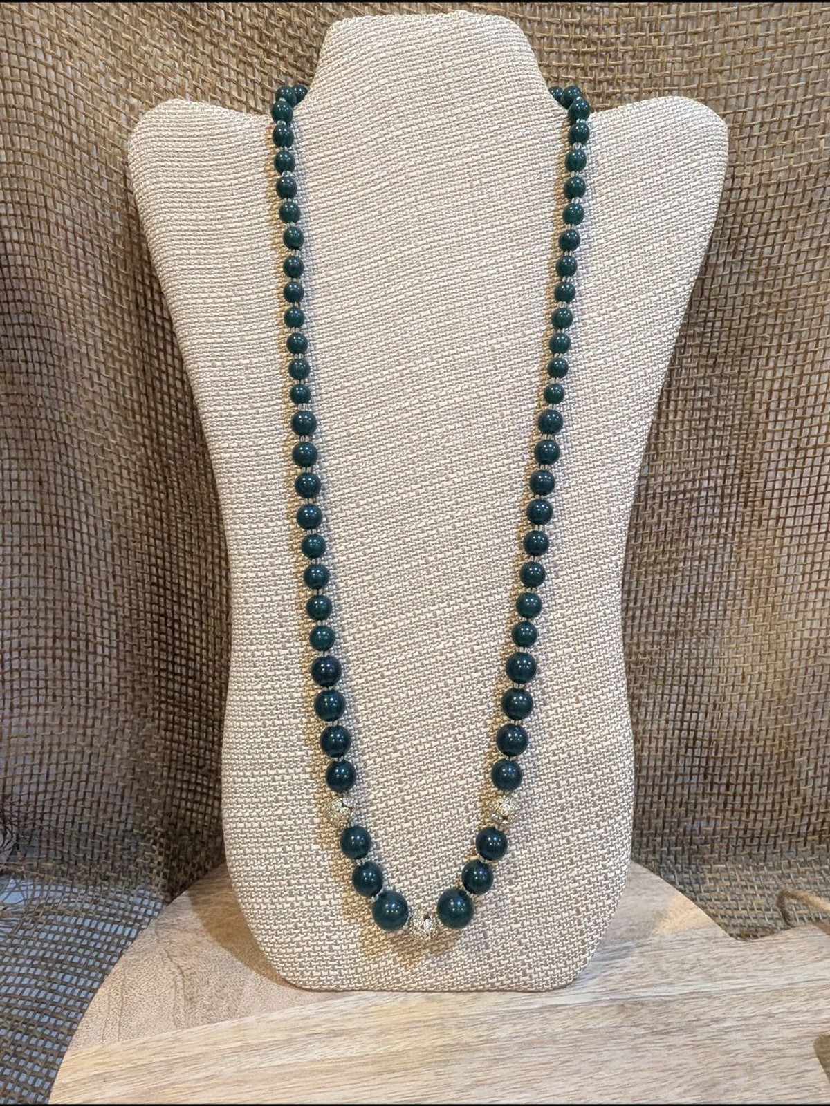 Talbots Dark Green Graduated Beaded Necklace Gold Tone Rhinestone Accents 28″