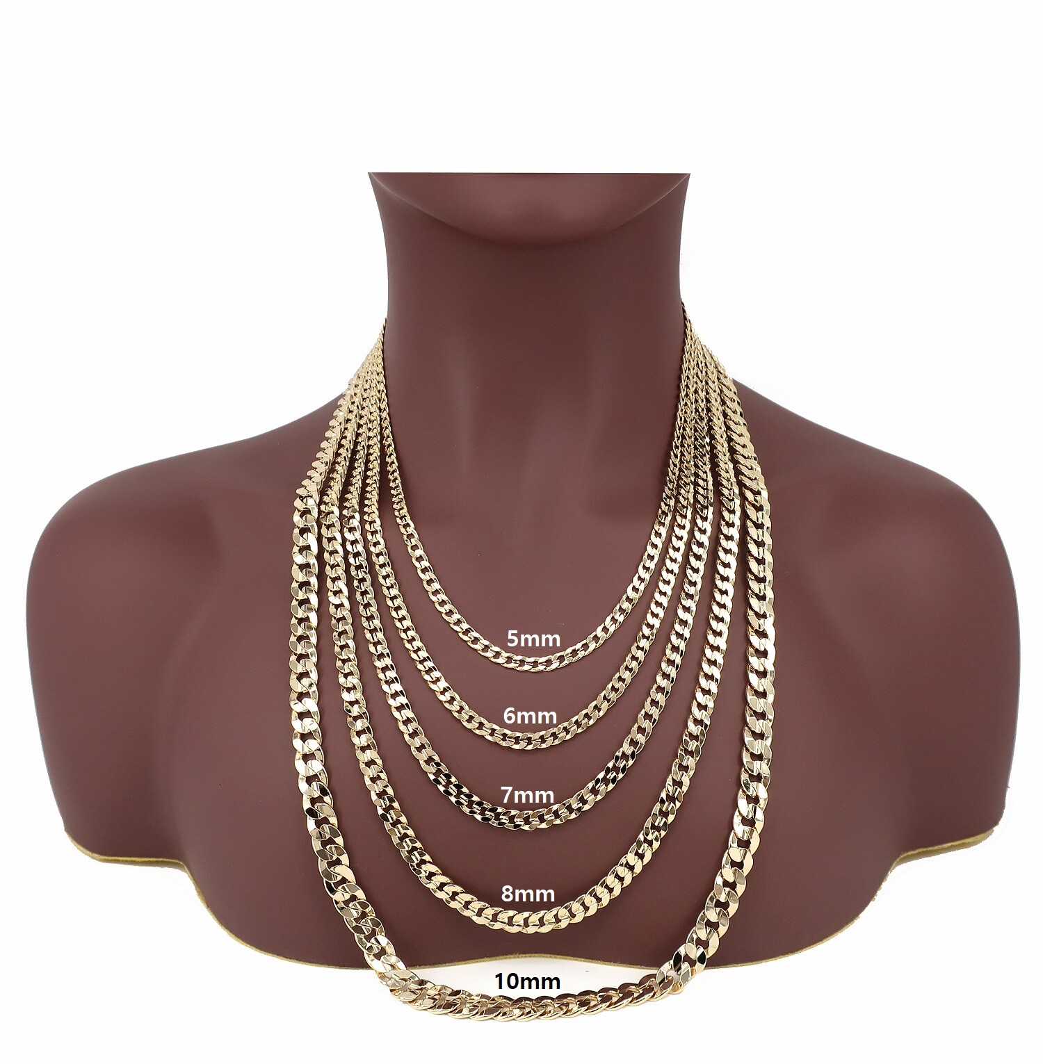 Concave Cuban link Chain Necklace Bracelet 5mm to 10mm Yellow 14K Gold Plated