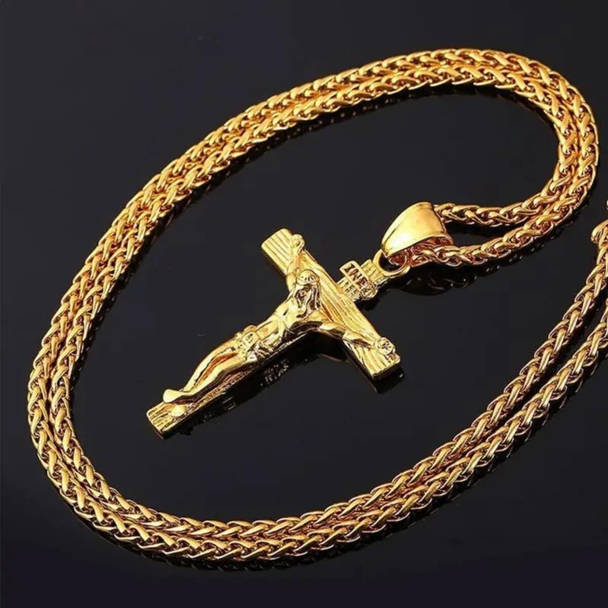Mens Gold Stainless Steel Jesus Christ Crucifix Cross, Necklace Chain 24″