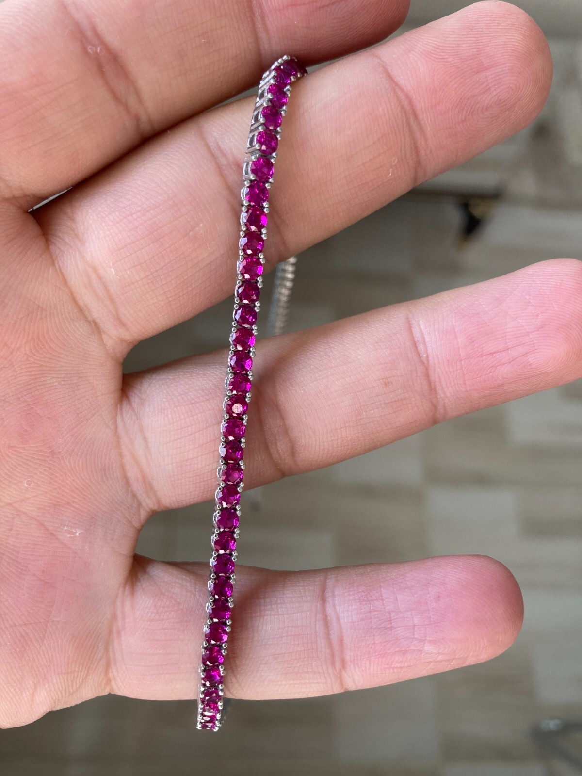 Ruby Tennis Necklace Round Stone Lab Created, 925 Sterling Silver 3,5mm 17.5