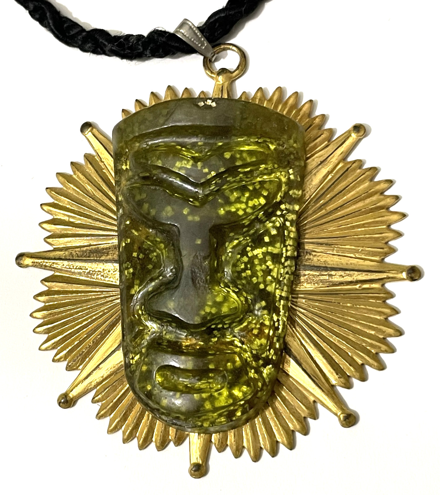 Vtg Gold Tone Sunburst Pendant Necklace w/ Green Acrylic / Resin Warrior Mask.