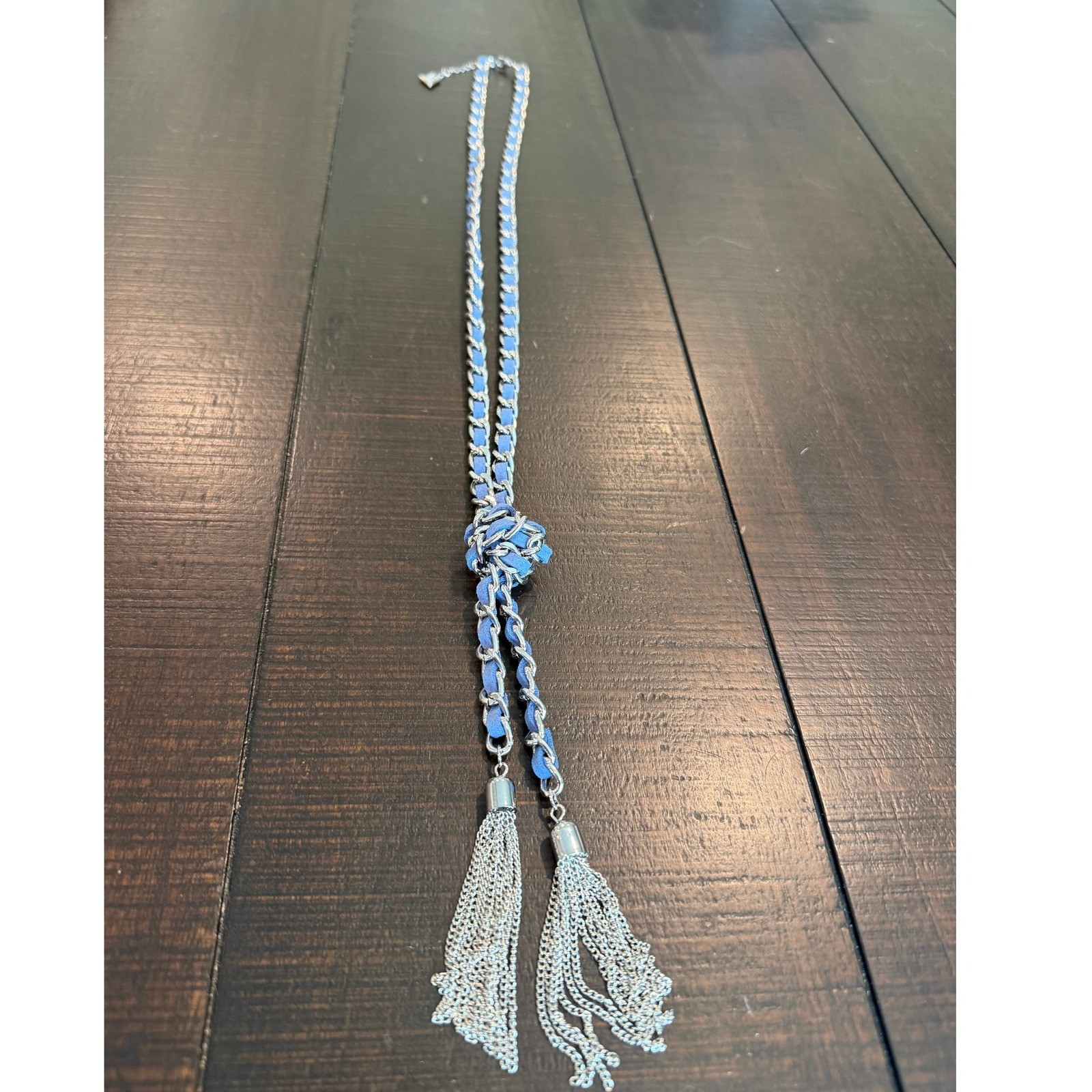 GUESS Silver Blue Woven Chain Lariat Tassel Necklace Long Adjustable Boho Chic