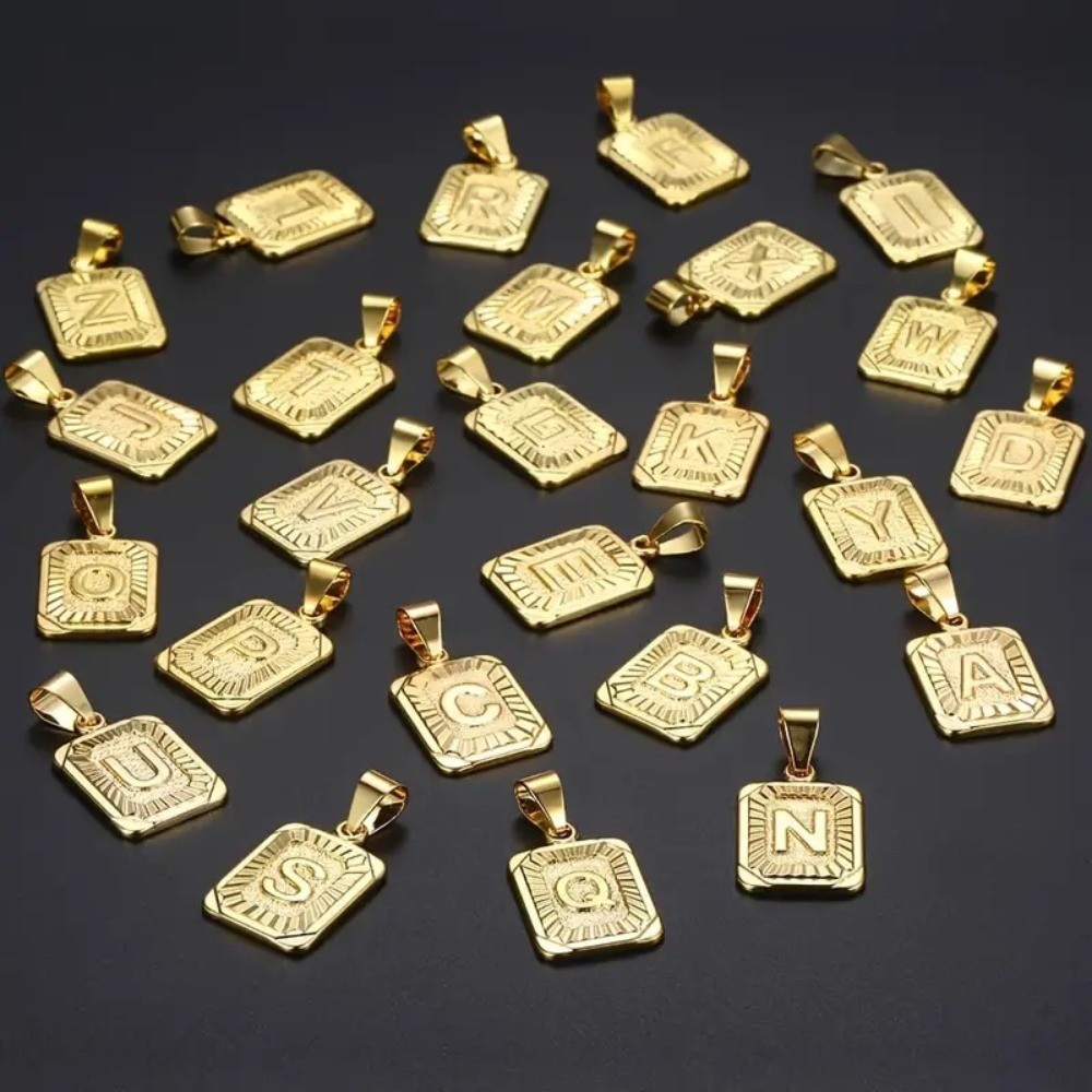 Gold Stainless Steel Cuban Chain Square Capital Initial Letter Pendant Necklace