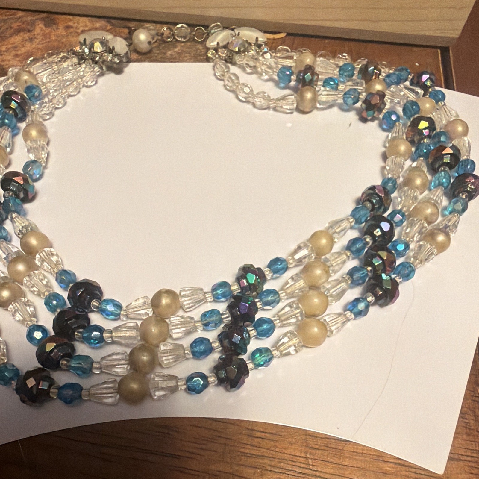 Vintage Multi-Strand Layered Blue Clear Crystal & Cream Imitation Pearl Necklace