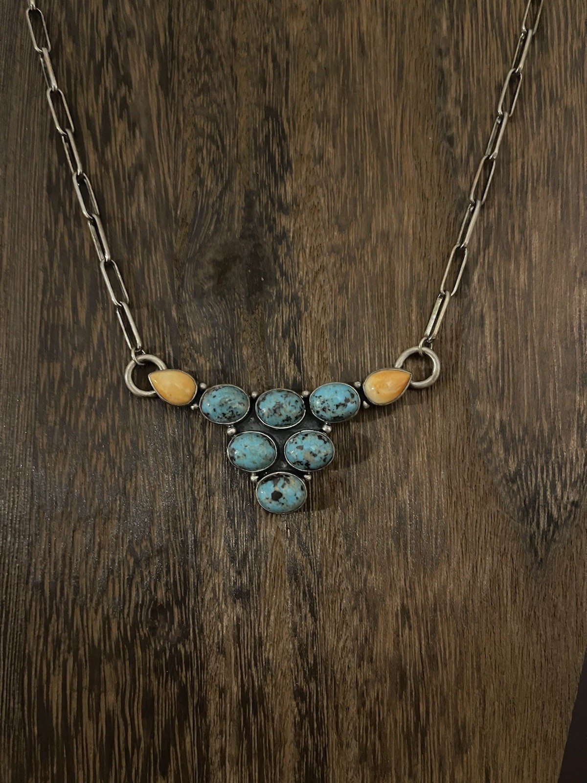 Sterling Silver 925 Turquoise & Orange Spiny Longhorn Necklace, Native Signed