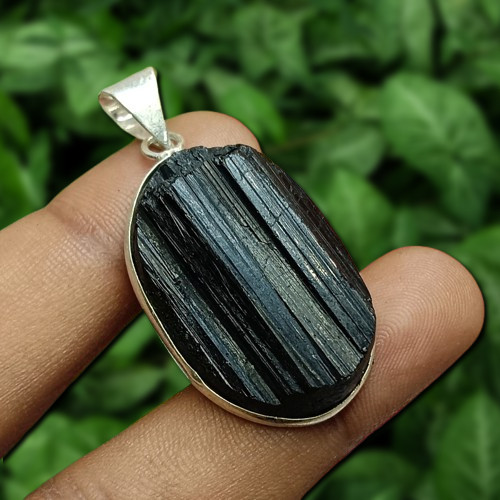 Black Tourmaline Gemstone Oval Cut Pendant 925 Sterling Silver Plated Jewelry