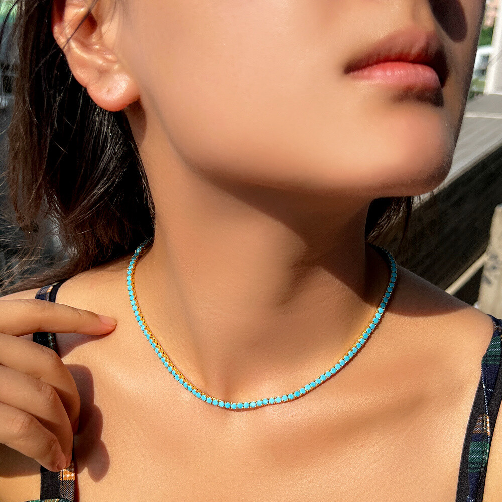 Yellow Gold Plated 3mm Round Turquoises Tennis Chain Choker Necklace for Women