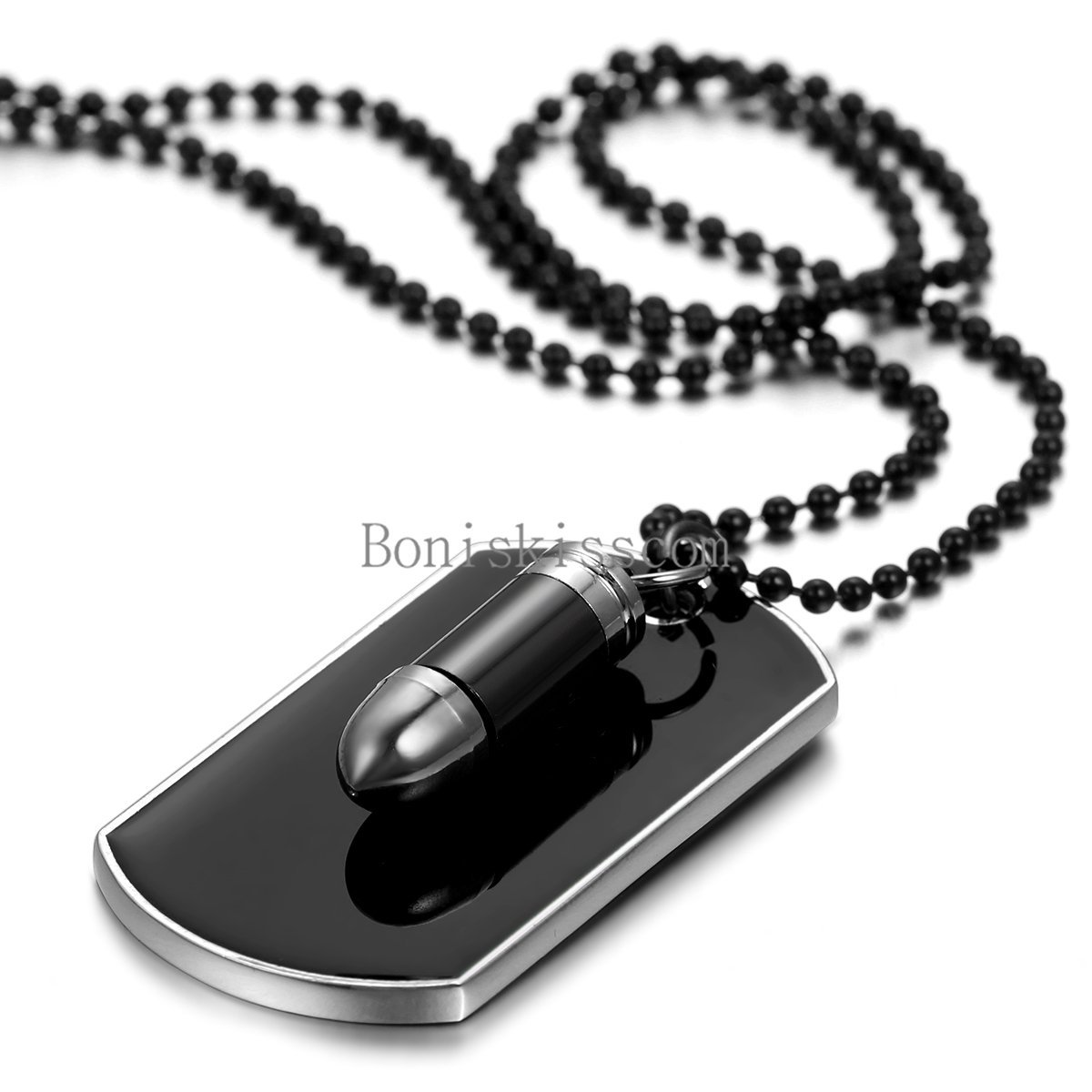 Men’s Stainless Steel Black Bullet Dog Tag Pendant Necklace w Bead Chain