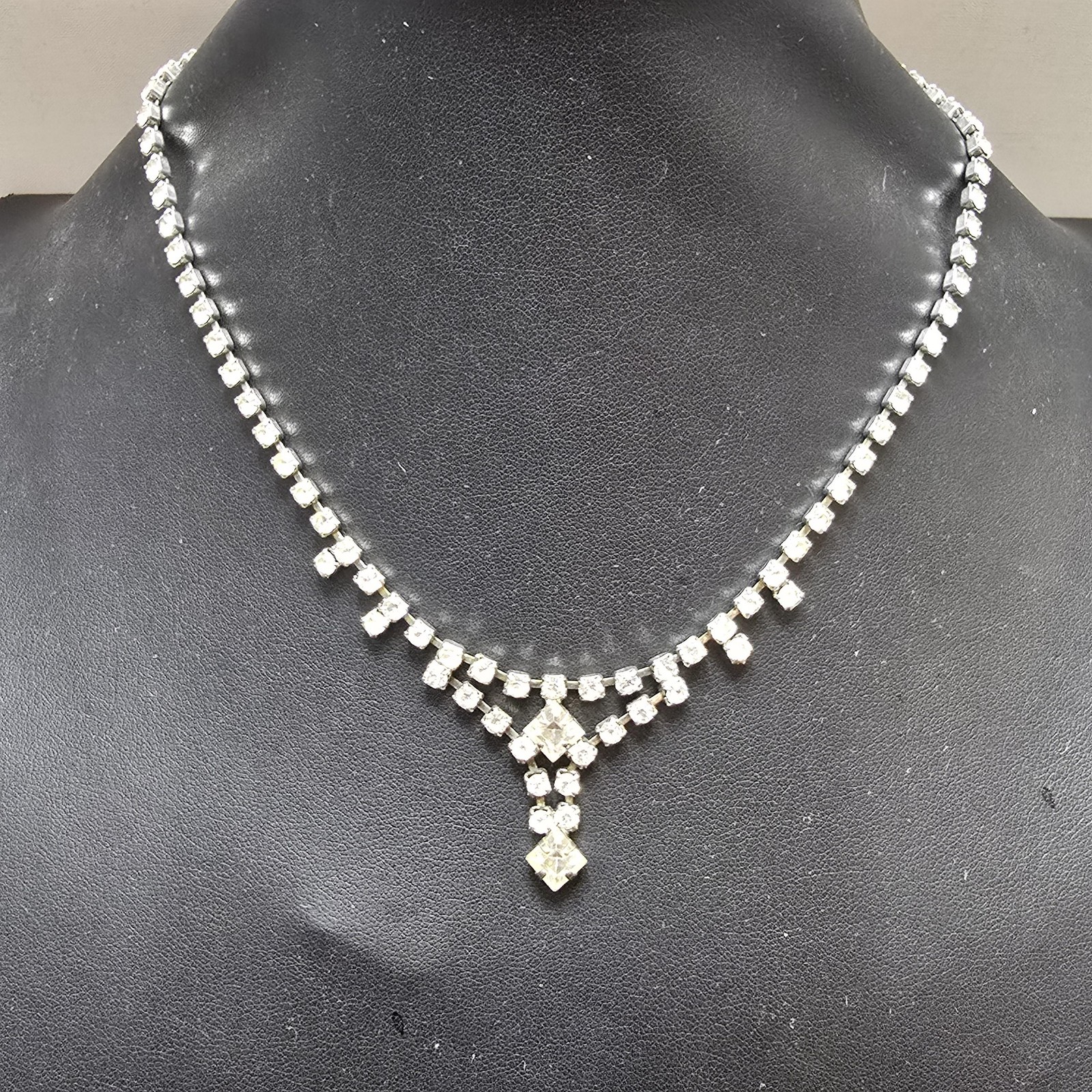 Clear Rhinestone Tennis Necklace Womens Y-Drop Square Pendant Crystal Elegant
